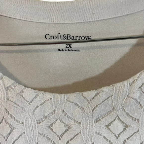 Croft & Barrow White Top Plus 2X Lace Accent Geometric Patterned Cotton Blend - Picture 9 of 9